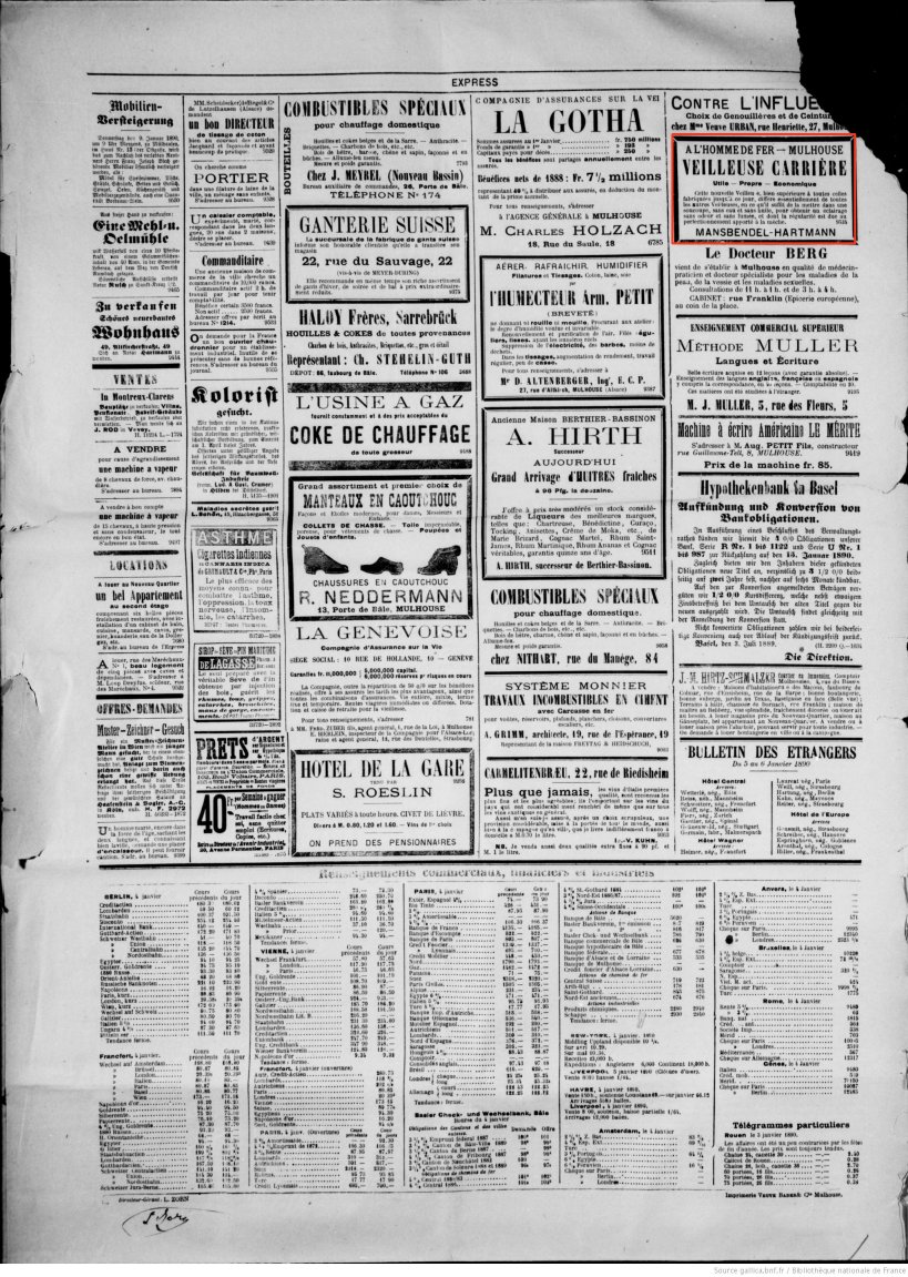 Journal L'Express de Mulhouse du 5 janvier 1890 (p.4) : veilleuse Carrière.
